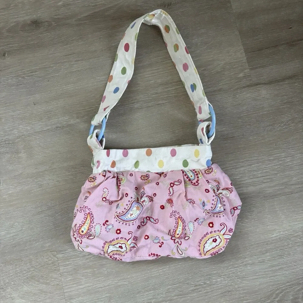 POMME Kids Girls Womens Pink Paisley Polka Dot Canvas Shoulder Bag Purse